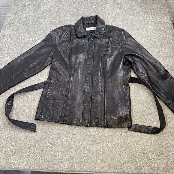 Vintage Jones New York Leather Jacket Black Belted Womens Lrg Classic Retro - Picture 6 of 13